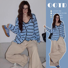 批发韩系蓝色条纹毛衣女2025秋慵懒宽松休闲长袖针织衫外搭开衫