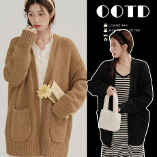 批发孕妇宽版毛衣开衫女秋季2025新款松弛复古慵懒风中长款宽松针织衫