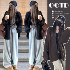 批发孕妇韩系复古咖色开衫毛衣外套女秋冬外穿宽松慵懒风加厚针织上衣