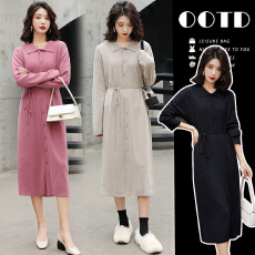 批发孕妇装2025新款温柔风长款宽松显瘦翻领过膝打底针织连衣裙<b class='q'>秋</b>冬