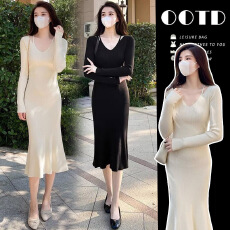 批发高级感修身显瘦毛衣裙2025新款宽松长袖内搭打底衫过膝针织连衣裙