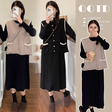 批发孕妇装2025春秋孕妇时尚马甲+半高领宽松秋冬针织连衣裙两件套