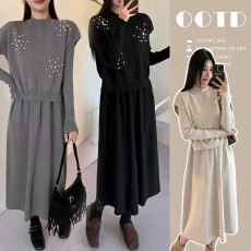 批发孕妇装2025半高领宽落肩<b class='q'>钉珠</b>镶钻针织马甲+长款<b class='q'>连衣裙</b>套装