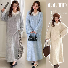 批发2025秋冬新款毛慵懒领针织上衣+可调节半身裙孕妇套装宽松两件套