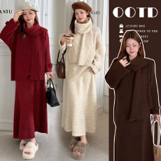 批发慵懒风新年红色针织套装女秋冬时尚高端毛衣半身裙显瘦气质三件套