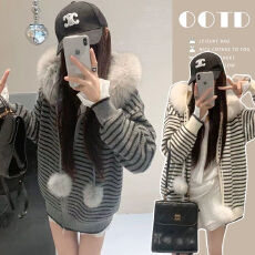 韩版休闲风连帽条纹长袖针织衫女秋冬2025新款慵懒感百搭外套