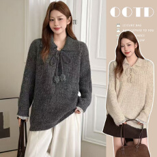 批发美拉德咖色翻领正肩毛衣女2025秋冬新款大码胖mm马海毛针织衫上衣