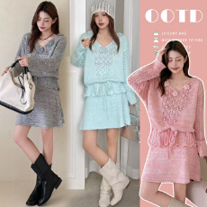 批发孕妇2025新款韩系慵懒风立体钩花针织亮片上衣+半身裙套装