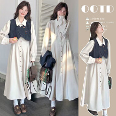 批发<b class='q'>孕妇装</b>法式衬衫连衣裙套装女2026春秋新款温柔牛仔马甲长裙两件套