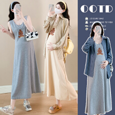 实拍~孕妇春秋装连衣裙2026新款宽松背心连衣裙+条纹衬衫套装