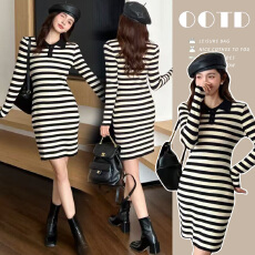 批发<b class='q'>孕妇装</b>减龄POLO领长袖针织裙女装2026年春季设计感条纹<b class='q'>连衣裙</b>裙子