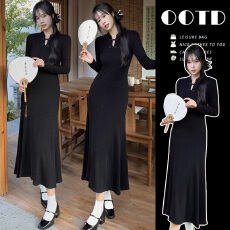 批发复古国风新中式盘扣黑色针织<b class='q'>连衣裙</b>2026年新款女春季高级感鱼尾裙