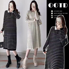 批发春季新款纯欲条纹过膝针织裙子宽松显瘦慵懒风甜美小众时尚a字裙