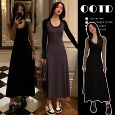 批发2026年春季新款美式复古气质<b class='q'>百搭</b>风撞色减龄插肩袖针织连衣裙女