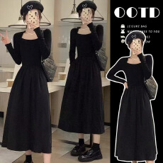 批发黑色方领长袖连衣裙女装春季法式复古高级感收腰气质赫本风中长裙