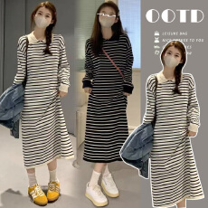 批发法式撞色polo领连衣裙子女款春装2026新款条纹长袖宽松针织中长裙