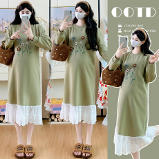 实拍现现~孕妇装202新品早秋新品花朵小清新拼接蕾丝花边连衣裙