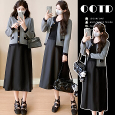 实拍~孕妇装2026早秋新款针织小香风外套+背心裙套装一整套