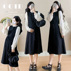 批发实拍~孕妇2026早春新款假两件套休闲方领宽松可调节<b class='q'>连衣裙</b>