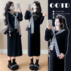 批发孕妇条纹披肩<b class='q'>刺绣</b>标<b class='q'>连衣裙</b>大码女装简约通勤休闲宽松遮肉长款裙