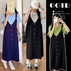 批发薄款冰丝背带裙叠穿假两件连衣裙女2026夏大码胖mm牛油果绿<b class='q'>t</b><b class='q'>恤</b>裙