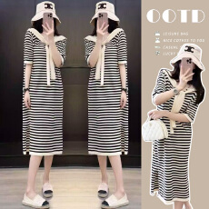 批发针织连衣裙女2026夏季新款设计感气质时尚条纹宽松休闲<b class='q'>中长款</b>裙子