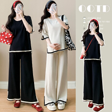 批发实拍~孕妇套装2026夏季杏色薄款短袖时尚外出上衣阔腿长裤两件套