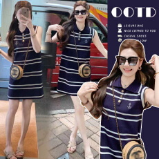 批发2026针织冰爽裙孕妇夏季Polo领条纹连衣裙休闲减龄显高短裙小个子