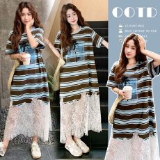 批发孕妇蕾丝拼接蓝色条纹连衣裙夏2026新款休闲流行假两件针织连衣裙