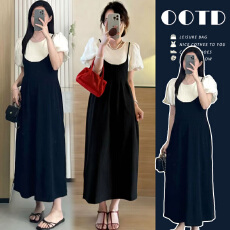 批发韩版设计感假两件<b class='q'>孕妇</b><b class='q'>连衣裙女</b>夏装新款胖mm洋气宽松遮肉拼接裙