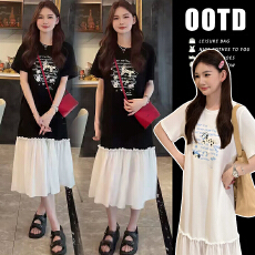 批发<b class='q'>孕妇</b><b class='q'>宽</b>版<b class='q'>连衣裙</b>女2025新款今年流行松弛感短袖印花拼接T恤裙