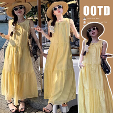 批发孕妇黄色背心格子连衣裙<b class='q'>夏</b>季新款宽松显瘦度假风中长款连衣裙长裙