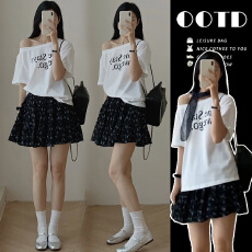 现现~孕妇2026春夏宽版斜肩字母T恤含有围巾+托腹碎花短裙套装