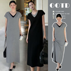 批发孕妇装气质减龄洋气慵懒风灰色V领短袖温柔连衣裙宽松百搭长裙