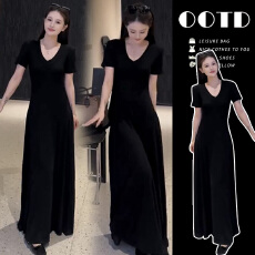 批发慵懒风V领黑色短袖连衣裙2026新款女夏季时尚气质收腰显瘦a字裙子