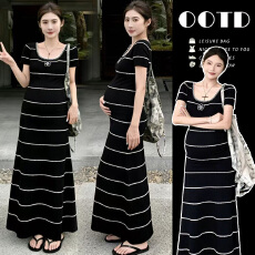 批发孕妇夏装连衣裙2026新款孕妈法式穿搭修身黑色针织长裙夏季孕妇裙