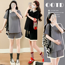 批发<b class='q'>实拍</b>~孕妇套装女夏2026新款拉链纯色POLO翻领<b class='q'>大码</b>宽版两件套