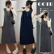 批发现现新品~孕妇早秋2026宽版针织打底衫上衣+彩色扣马甲连衣裙套装