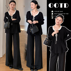 批发新品~孕妇2026秋冬早秋大版加长吊带上衣+开衫+调节带阔腿裤套装