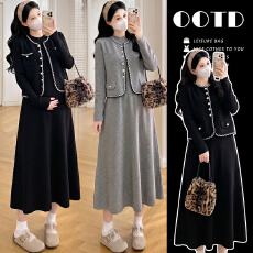批发新品~孕妇2026早秋小香风保暖外套+背心连衣裙淑女套装一整套