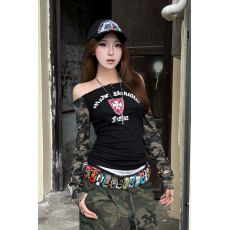 批发已发货 复古十字架印花迷彩拼接长袖<b class='q'>T</b><b class='q'>恤</b>女辣妹修身性感显瘦上衣