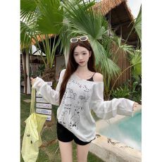 批发已出货 慵懒风趣味印花斜肩长袖<b class='q'>T</b><b class='q'>恤</b>夏季休闲宽松薄款露肩上衣