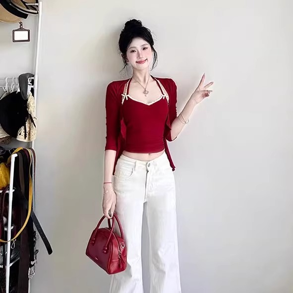 FA34814# 两件套气质开衫上衣女蕾丝花边挂脖吊带背心两件套 服裝批發女裝批發服飾貨源