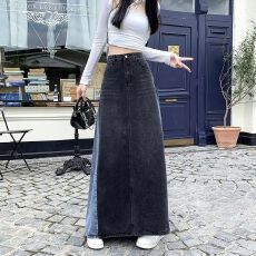 批发复古撞色拼接牛仔<b class='q'>半身裙</b>女夏季新款设计感高腰百搭a字中长款伞裙
