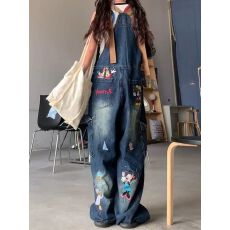 批发刺绣<b class='q'>牛仔</b>背带裤童趣风背带裤女卡通猫咪刺绣水洗宽松<b class='q'>牛仔</b><b class='q'>长裤</b>潮