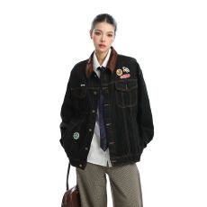 批发美式复古水洗贴标翻领牛仔<b class='q'>外套</b>男女春秋情侣宽松街头上衣休闲夹克