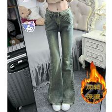 批发复古设计感<b class='q'>高腰</b>微喇叭加绒牛仔裤女秋冬新款修身甜酷辣妹马蹄裤子