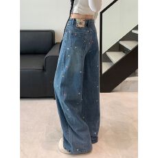 批发实拍！！！ 刺绣花朵直筒牛仔裤女新款高腰宽松阔腿拖地长裤