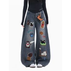 批发高街复古配挂件牛仔裤男女<b class='q'>秋</b>季新款时尚显瘦宽松阔腿直筒裤子