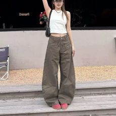 批发卡其色弯刀休闲裤女早春新款时尚百搭高腰显瘦直筒长裤